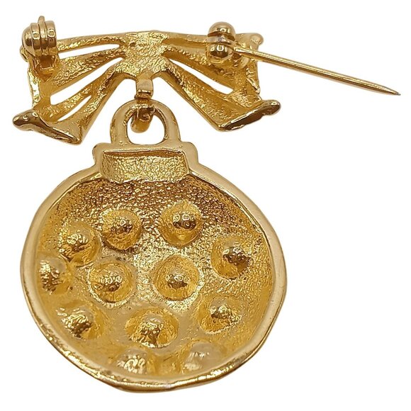 Christmas Brooch Bow & Ornament Gold Tone Metal Rhinestone Dangle Lapel Pin - Picture 5 of 7